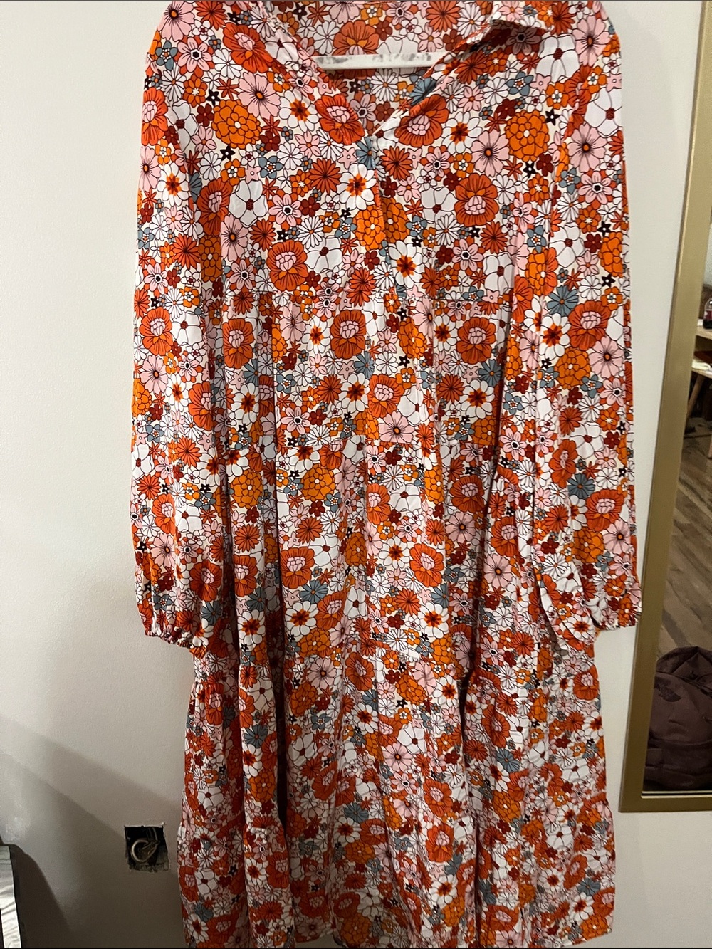Floral Orange Pink Long-Sleeve Midi Dress